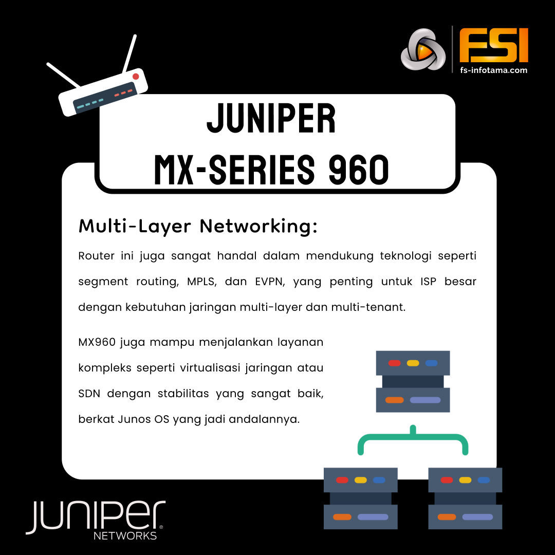 fsinfotama's tweet image. Juniper MX960 sangat direkomendasikan untuk lingkungan ISP karena menawarkan kapasitas throughput hingga 12 Tbps, mendukung layanan jaringan skala besar, dan dirancang untuk efisiensi serta keandalan tinggi. 
#JuniperMX960 #ISPNetworking #ScalableRouting