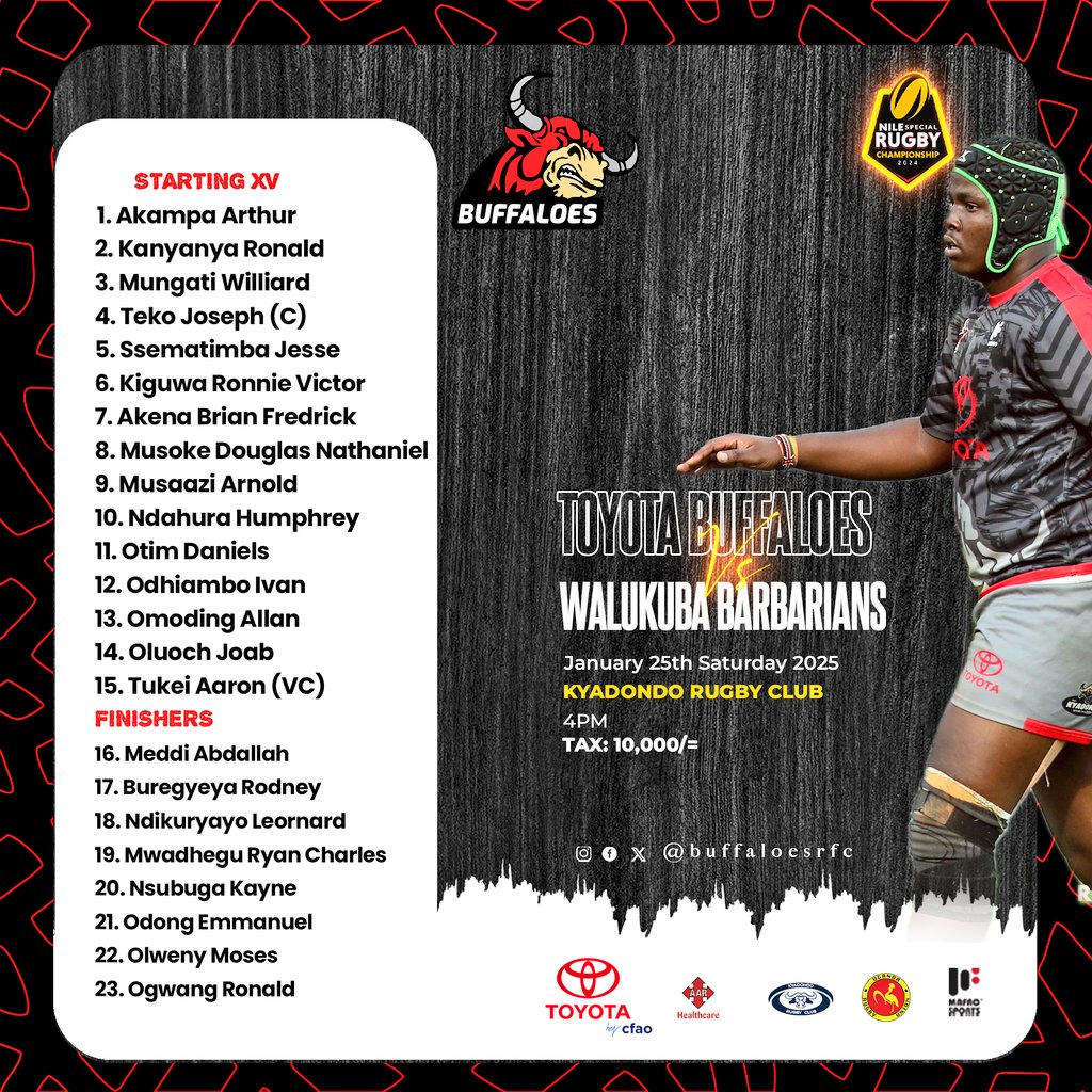 The #ToyotaBuffaloes are hosts to <a href="/WalukubaRugbyUg/">Walukuba Rugby Club</a> in Game Week_3, of the #URP2025 this Saturday 25th January 2025, at <a href="/Kyadondo_Rugby/">Kyadondo Rugby Football Club</a>

 "Tugende  ekyaddi enkya!!"

#ToyotaBuffaloes
#BuffaloSoldiers
#HarderStrongerForLonger
#OneTeamOneSpiritOneWin