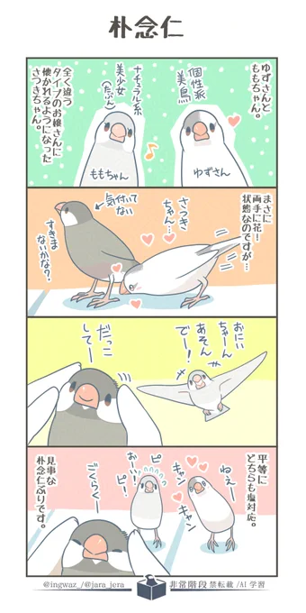 朴念仁。
ゆずさんはずっと片想いですが、ももちゃんは恋愛的ではなくシンプルに年上のお兄ちゃんに懐いている感じ。さつきちゃん、かなり変わった子です。

#漫画が読めるハッシュタグ #Buncho #文鳥 