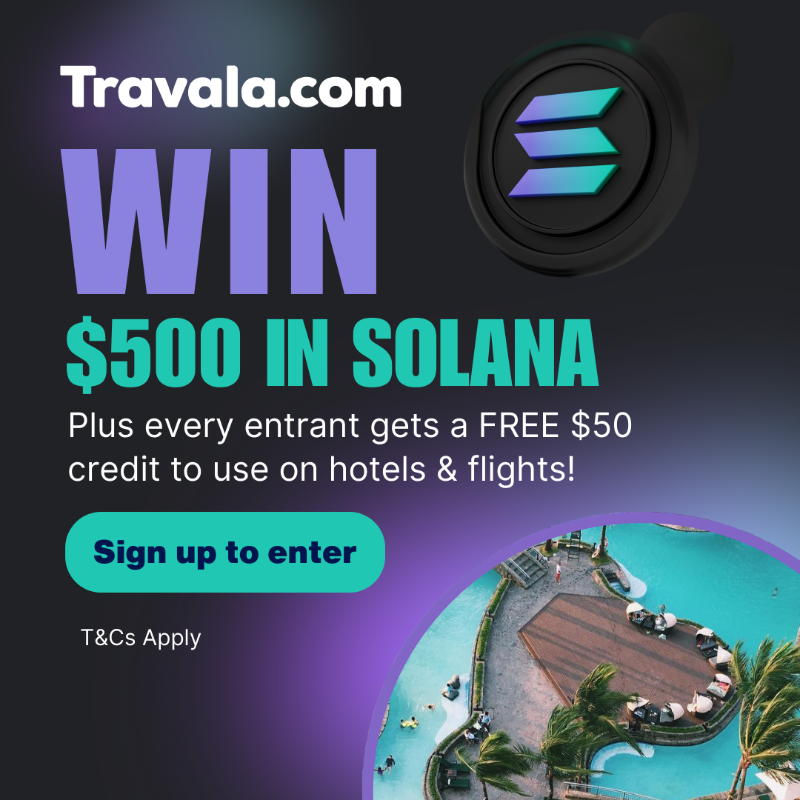 travalacom's tweet photo. WIN $500 IN SOLANA!
👉 Enter by creating a free Travala account to book travel with crypto!
🎁 PLUS every entrant gets a FREE US$50 credit to use on their first booking!