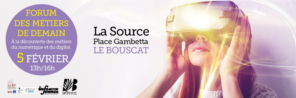 VilleduBouscat's tweet photo. 🗣️Vous avez envie de découvrir les métiers du #numérique et du #digital ?
Le service Info Jeunes et ses partenaires organisent le Forum des Métiers de Demain.
📆05/02 : 13h-16h
📍La Source - Place Gambetta
✔Entrée libre - Tout public
#lebouscat #lebouscatvilleavivre https://t.co/lwRs3olJAe