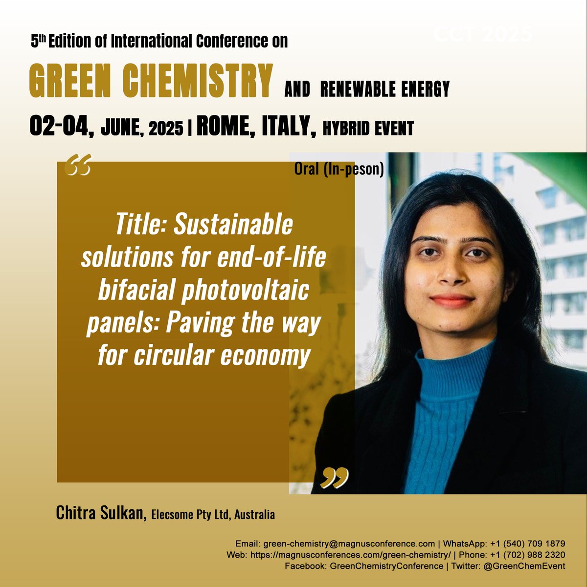 Green Chemistry 2025 (@greenchemevent) on Twitter photo Get ready for an enriching experience as #Chitra_Sulkan from Elecsome Pty Ltd, Australia takes the stage at our <a href="/GreenChemEvent/">Green Chemistry 2025</a> in Rome! For more details visit: magnusconferences.com/green-chemistr…
📅: June 2-4, 2025, Rome, Italy
🔗 Register now: magnusconferences.com/green-chemistr… Get ready for an enriching experience as #Chitra_Sulkan from Elecsome Pty Ltd, Australia takes the stage at our <a href="/GreenChemEvent/">Green Chemistry 2025</a> in Rome! For more details visit: magnusconferences.com/green-chemistr…
📅: June 2-4, 2025, Rome, Italy
🔗 Register now: magnusconferences.com/green-chemistr…