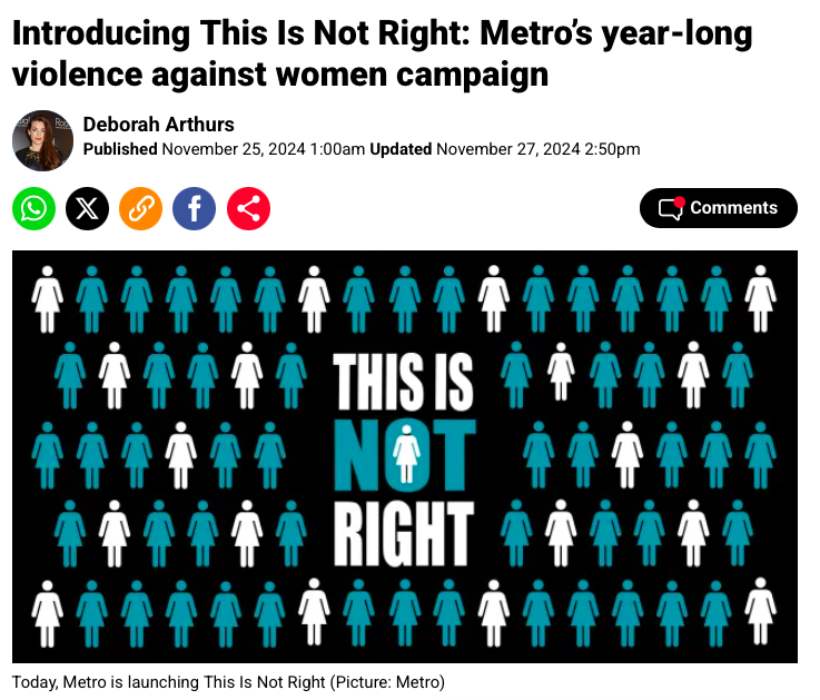 MenVSexism's tweet photo. Southall Black Sisters, @womanstrust & other organisations are supporting @MetroUK's 12-month 'This is Not Right' campaign, addressing the epidemic of male violence against women. More๐
https://t.co/7PAGuqdy28
#ThisIsNotRight #MVAWG #Engage #Empower #Challenge #Campaign #VAWG https://t.co/FC13i1ry7w