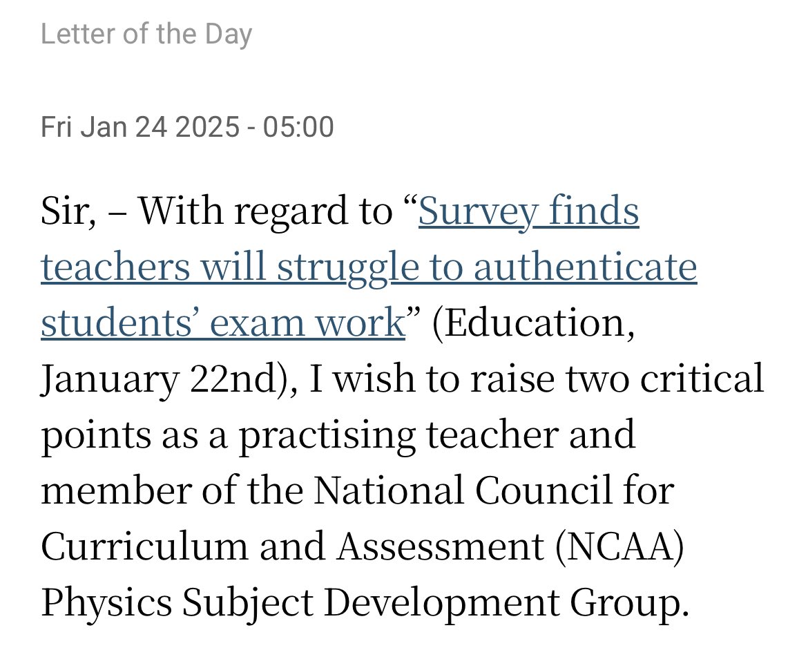 ciaraquill's tweet image. Excellent letter by John Conneely re Leaving Cert reforms especially in Science subjects
#edchatie
@humphreyjones @ainehyland @conorsmurf @IrishSciTeach @DrJohnODonoghue @yvonne_nolan @sccenglish 

Integrity of the Leaving Certificate is at serious risk

irishtimes.com/opinion/letter…