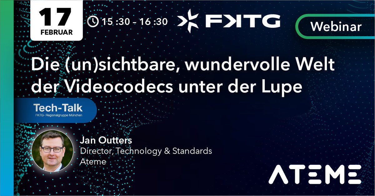 ateme_x's tweet image. 🎥 Webinar: The (In)visible, Wonderful World of Video-Codecs

Explore the journey of video codecs—from MPEG-2 to VVC and beyond!
🔗 Register now: [bit.ly/3E81hlr]
#VideoCodecs #TechWebinar #Innovation #Ateme