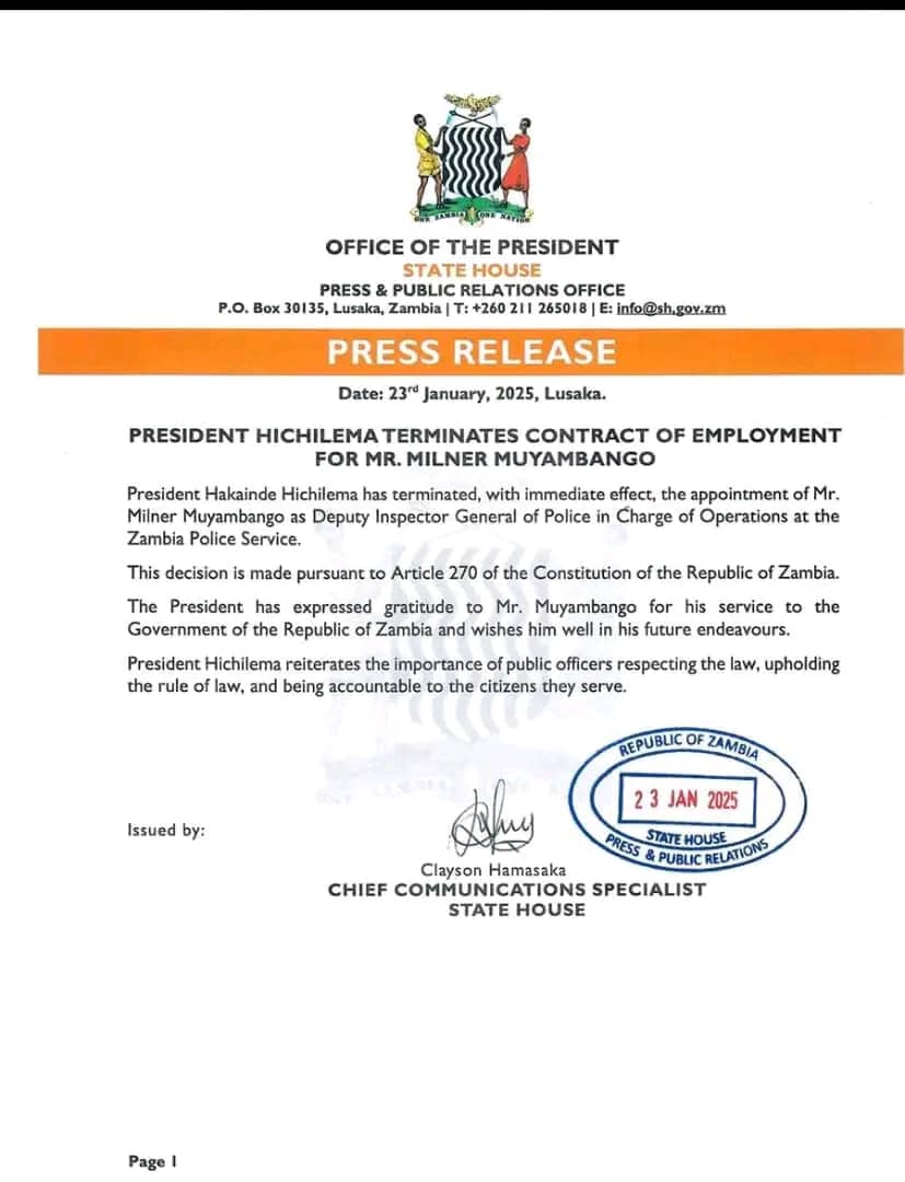 Michael_Kaluba2's tweet photo. Deputy Police Chief Muyambango Fired! https://t.co/wKCfK7i57w