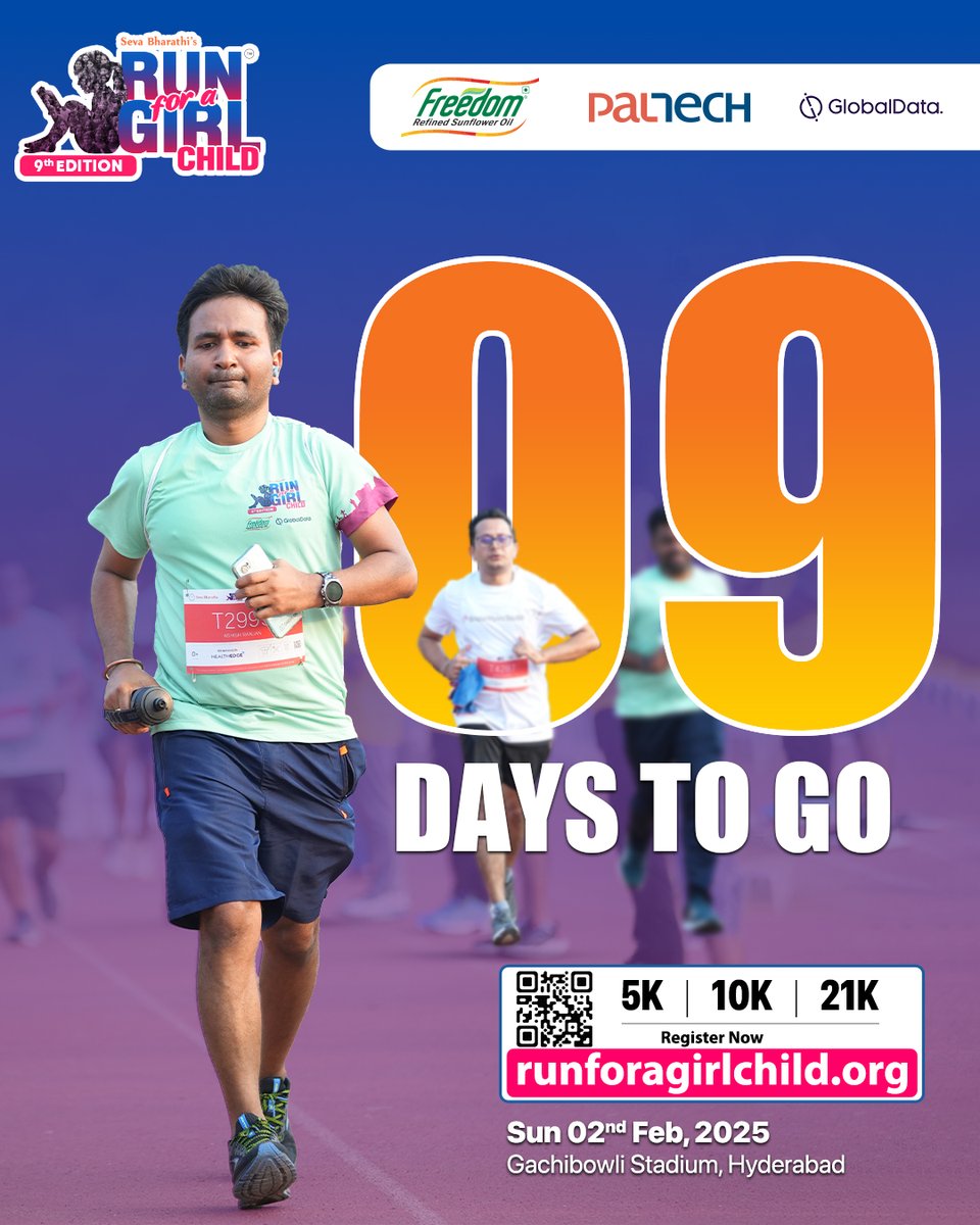 sevabharathitg's tweet photo. #9DaysToGo.
Just 9 days left to create a wave of change!🌸Join #SevaBharathi’s #RunForAGirlChild & make a difference.🏃
🌐👉: https://t.co/aI1e4n12de
#EveryStepCounts #SupportGirlChild #RunForHerDreams #EmpowerHerJourney #MakeADifference #RFGC #TransformLives #RunForHerFuture https://t.co/zFqtW3evFu