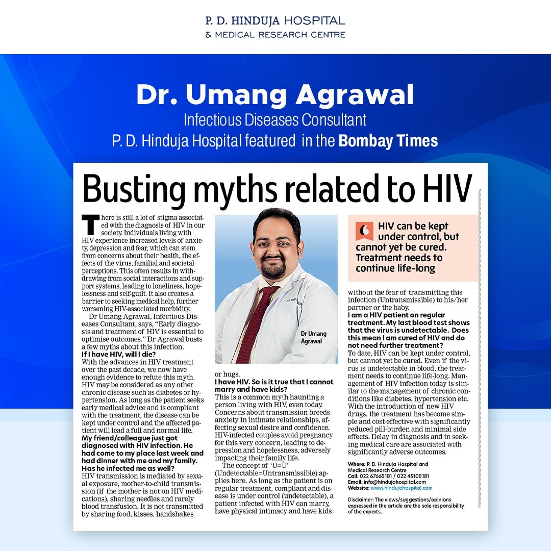 HospitalHinduja's tweet photo. Addressing misconceptions about HIV starts with awareness.
Dr. Umang Agrawal, Infectious Diseases Consultant dives into busting myths and spreading knowledge. Discover more - read the full article now!
#PDHH #QualityHealthcareForAll #HIVAwareness #MythBusting https://t.co/YbDqOgHkVT