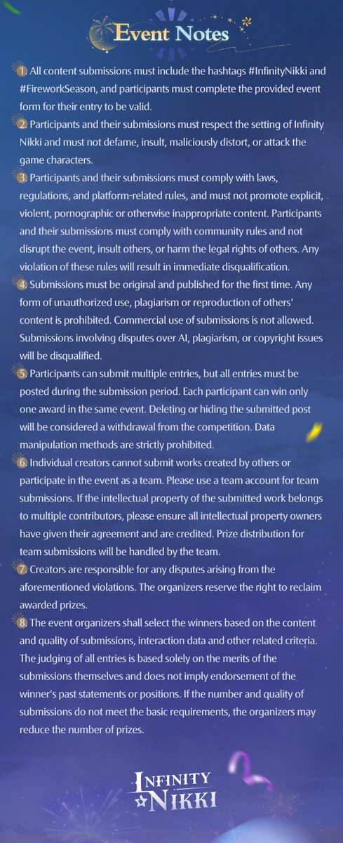 Infinity Nikki Glowing Fireworks Fan Creation Event Starts Today!

Participate in the event on X/Instagram/YouTube/TikTok to win wonderful rewards!

Event Duration
Submission Duration: January 23, 2025 - February 24, 2025 (UTC-7)
Submission Review: February 27, 2025 - March 3,