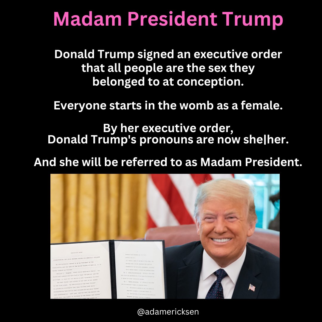 Madam President Trump

Donald Trump signed an executive order
that all people are the sex they
belonged to at conception.

Everyone starts in the womb as a female.

By her executive order,
Donald Trump's pronouns are now she|her.

And she will be referred to as Madam President.