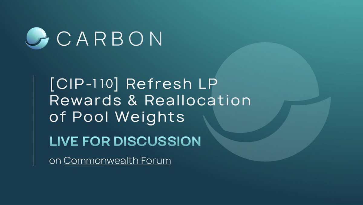 The [CIP-110] proposal to set pool reward weights is now up on Commonwealth for discussion!

Rewards are distributed proportionately to the amount of liquidity provided, and reviewed every 12 weeks.

scan.carbon.network/governance/pro…