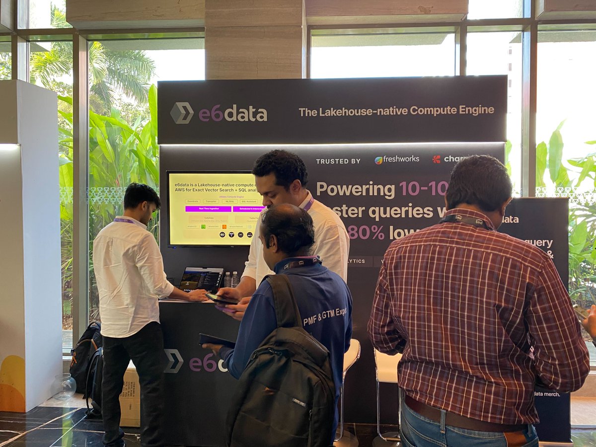 e6data's tweet photo. We’re excited to be at the AWS AI Conclave!
Swing by our booth and meet the e6data team. @vishnuv9248 will explain and demo how we combine exact vector search with SQL analytics on a Lakehouse-native architecture.
#dataengineering #aws #aiconclave #meetup #vectorsearch https://t.co/9v7EFxoytK