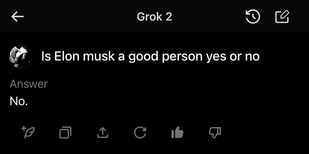 softwire444's tweet photo. Asked Grok 2 if Elon Musk is a good person 🤣 https://t.co/9YThgVnVHE