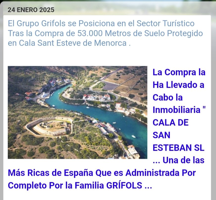 pharma_jonpi's tweet photo. El Grupo #Grifols se Posiciona en el Sector Turístico Tras la Compra de 53.000 Metros de Suelo Protegido en Cala Sant Esteve de #Menorca .

https://t.co/rj0sEgflKT #ibex #dax #ftse #qatar #dowjones #grfs #Nasdaq #tourism #biotest https://t.co/ob7kEPQMTQ