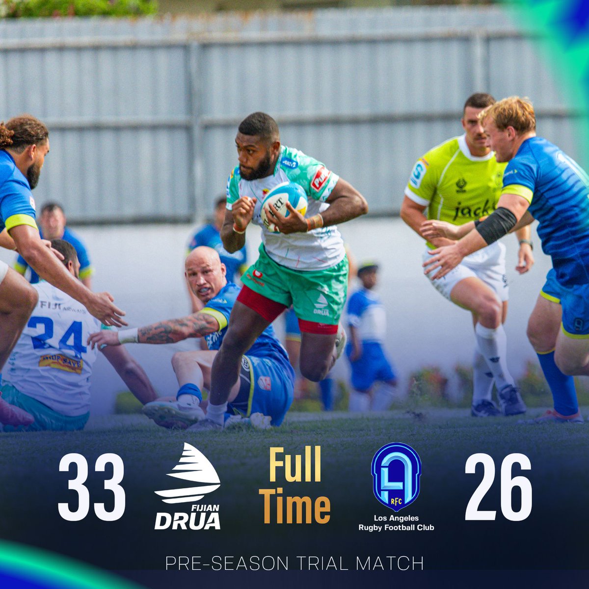 Fijian_Drua's tweet photo. Tested till the very end 🙌🏿

Vinaka Vakalevu @RugbyFCLA for flying in for this very historic match 🙌🏿  Safe ✈️  back to LA tonight. 

To the world's best fans, thanks for showing up on a Friday afternoon.  See you again on Feb 15 for Round 1 vs @BrumbiesRugby  in Suva. 

#TosoDrua #PacificAusSports