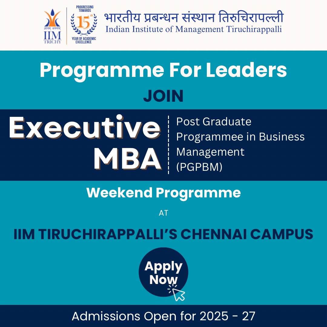 IIM_Trichy's tweet photo. Advance your career with IIM Tiruchirappalli’s Post Graduate Programme in Business Management (PGPBM) at the Chennai campus, designed exclusively for working executives.
Apply now:
https://t.co/jYlJ9qCysA
#pgpbm #workingexecutive #mba #iimtrichy #chennaicampus #iimt #mba https://t.co/GyLQOtacHr