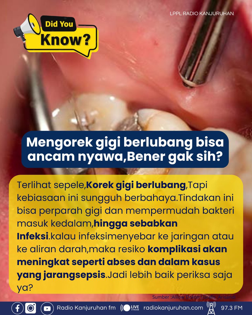 Kanjuruhan_FM's tweet photo. Did you Know !!
Mungkin sebagian dari kita #Mitrapendengar  pernah, nih, mengorek gigi berlubang. Alasannya bisa aja karena ada makanan yang nyempil, rasa gak nyaman, atau ngilu. Padahal, kebiasaan ini sangat berbahaya, lho!
.
.
.
.
.
#lppl
#kesehatangigi
#malangraya
#malangkab https://t.co/tjsyHONaP4