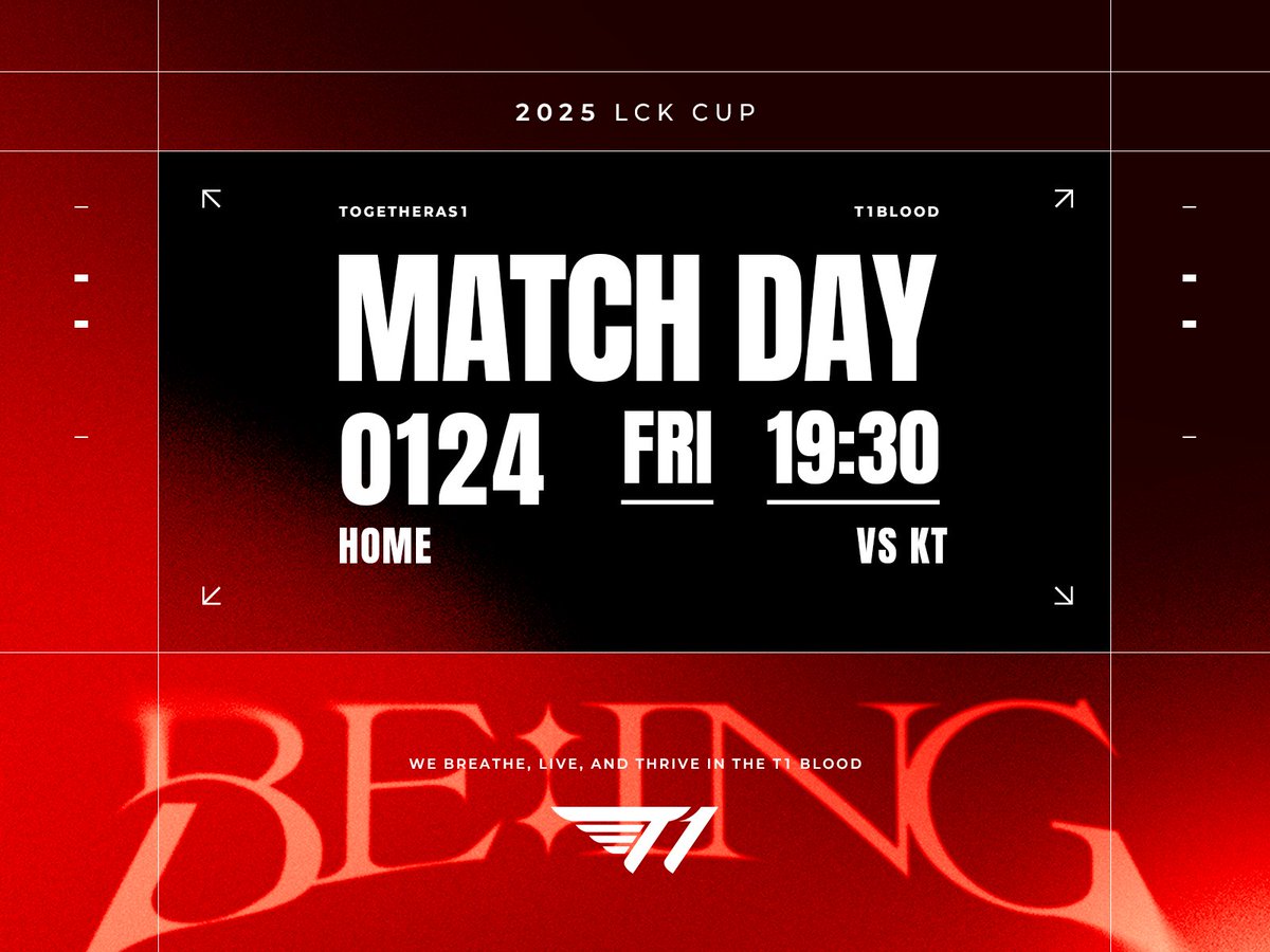 [2025 LCK CUP M3 vs KT]

금요일 저녁을 승리로 장식하겠습니다.

We will end tonight with victory.

#TogetherAs1 #T1WIN