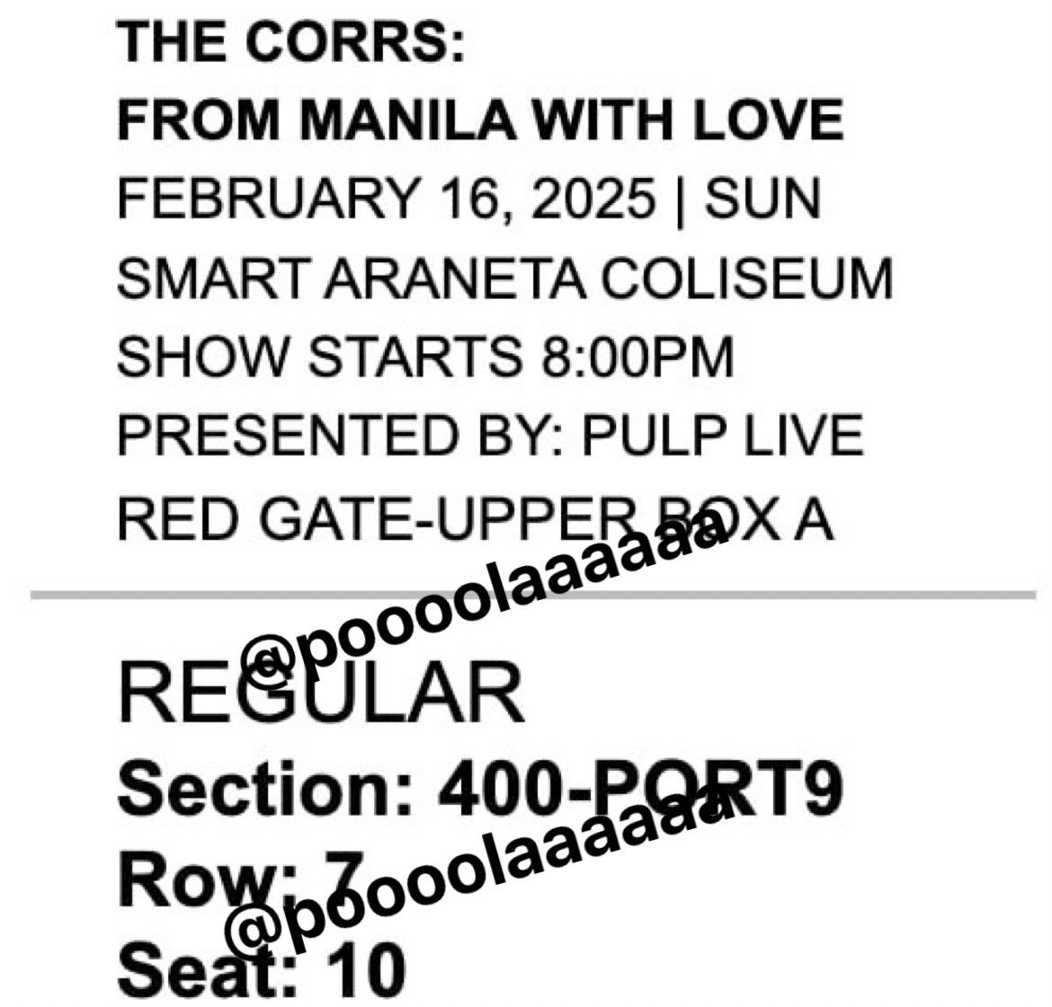 wts lfb ph

The Corrs ‘From Manila with Love’ Tour
February 16, 2025 | Araneta Coliseum 

(2) Upperbox A tickets
Section 400-Port 9
Row 7, Seat 10

⤷ ₱9,000 each 
⤷ payment upon meetup only

rfs: extra tickets
DM or reply to this tweet! 💌
