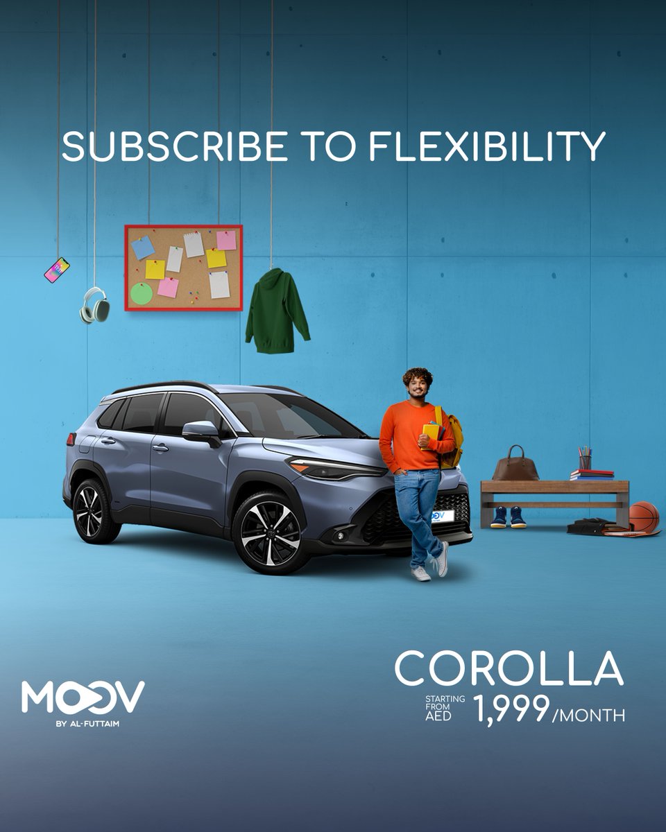 moovbyaf's tweet photo. It’s time to MOOV with more freedom.​
​
Drive the eco-friendly Toyota Corolla Cross Hybrid from just AED 1,999/month with free additional drivers, zero security deposits and tailored subscription solutions.​
​
Book today via: https://t.co/hVW1QpcjIg
​
#MOOV #MOOVbyAlFuttaim https://t.co/tSZxGVdryi