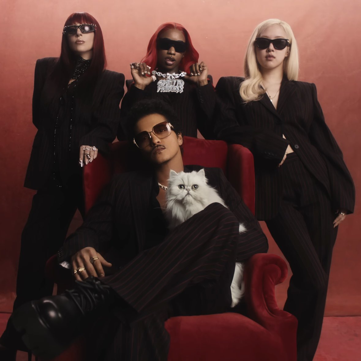 Lady Gaga, ROSÉ, Sexyy Red, and Bruno Mars in the music video for “Fat Juicy &amp; Wet.”