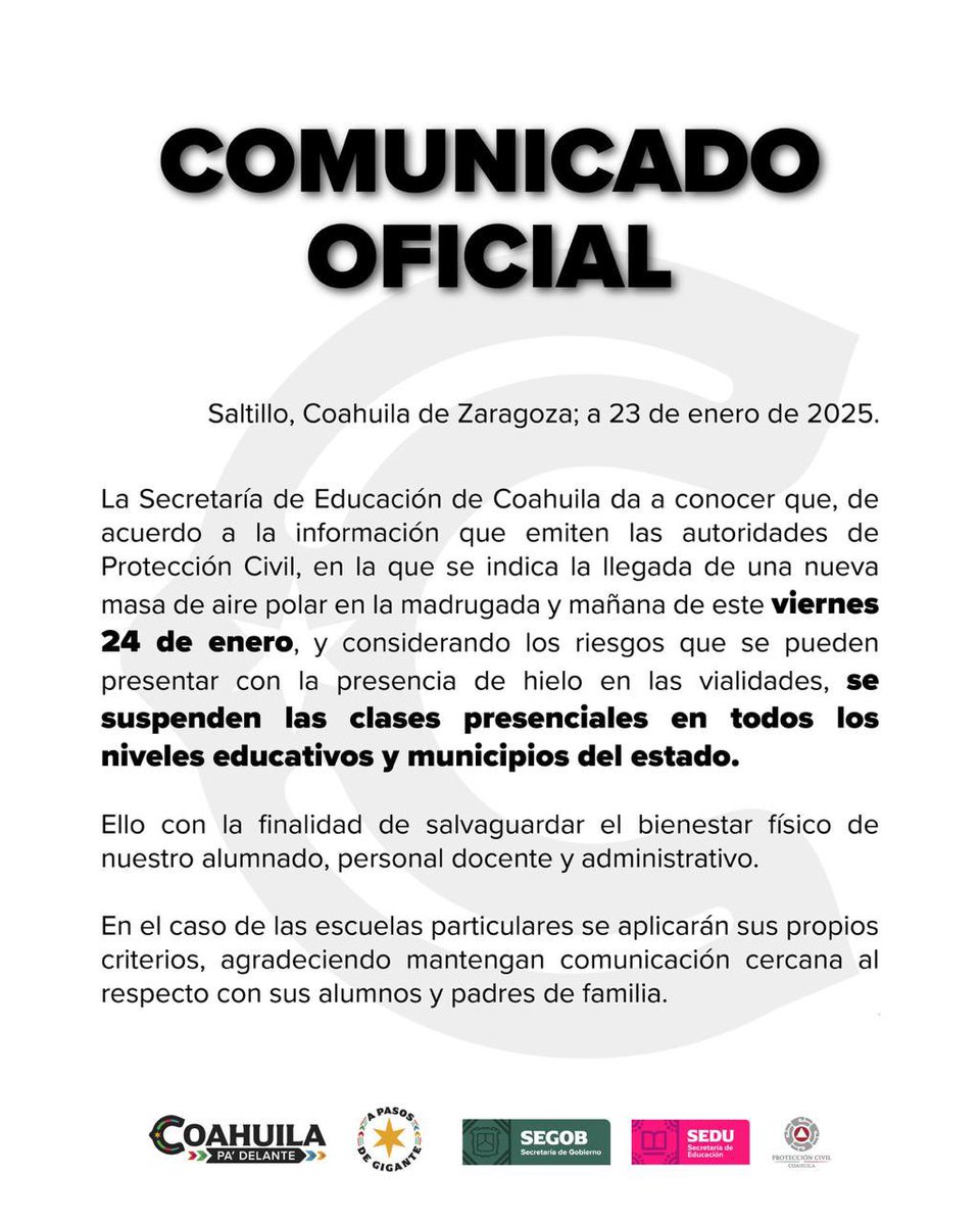 GobDeCoahuila's tweet photo. Ante pronóstico de Protección Civil sobre posible llegada de masa de aire polar se suspenden clases en Coahuila el día 24 de enero 2025.

#CoahuilaPaDelante #APasosDeGigante
@manolojim 
@SEducacionCoah https://t.co/RolmyCC3jj