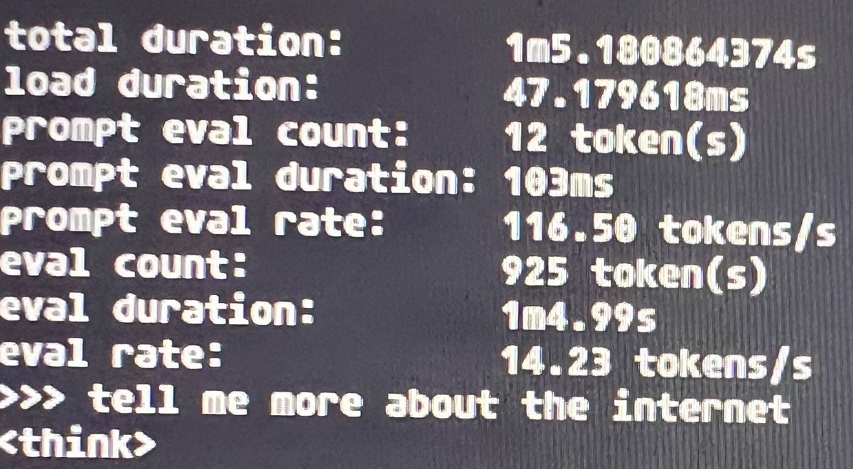 lowkeymahesh's tweet photo. @_blackcat1402 @ollama @OpenWebUI @deepseek_ai Here:

It is giving around 14 tokens/s evaluation rate.

It is just fast enough for our work. https://t.co/3mwyqbV6v0