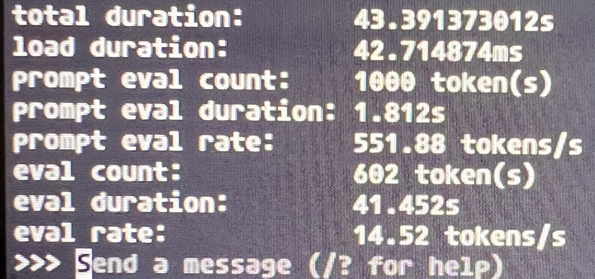 lowkeymahesh's tweet photo. @_blackcat1402 @ollama @OpenWebUI @deepseek_ai Here:

It is giving around 14 tokens/s evaluation rate.

It is just fast enough for our work. https://t.co/3mwyqbV6v0