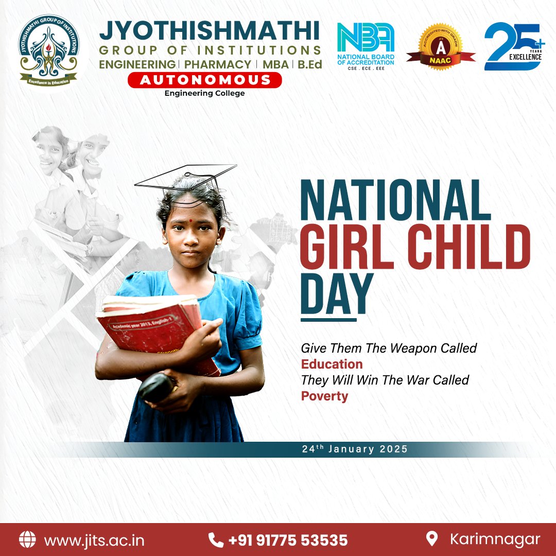JITS_KNR's tweet photo. Empower a girl, empower the nation. Let’s celebrate National Girl Child Day by supporting education, equality and opportunities for every girl.🌟👧
#JMTS #JMIP #JITS #EducationForGirls #EmpowermentThroughEducation #GirlChildDay #NationalGirlChildDay #EmpowerHer #EqualityForGirls https://t.co/zuTKlJQJyi