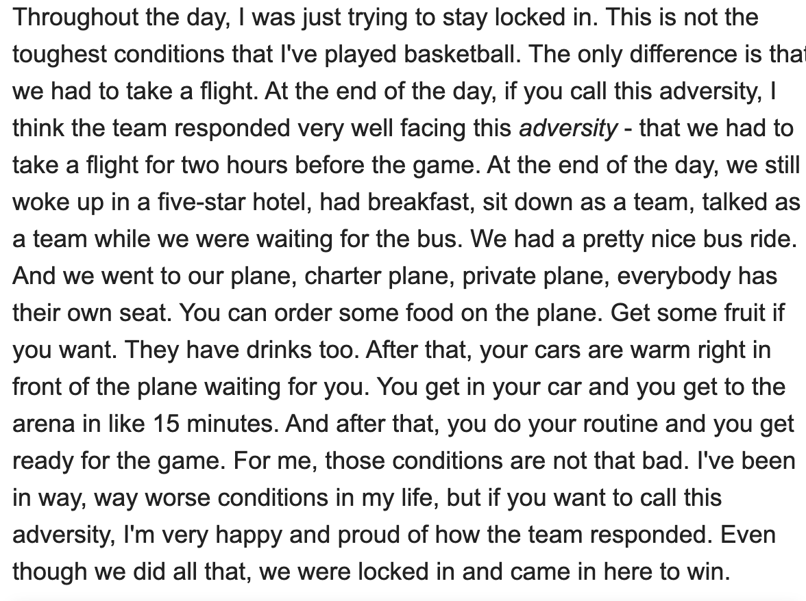 Leave it to Giannis Antetokounmpo to give a little perspective on the Bucks' tough travel schedule today.

Antetokounmpo: