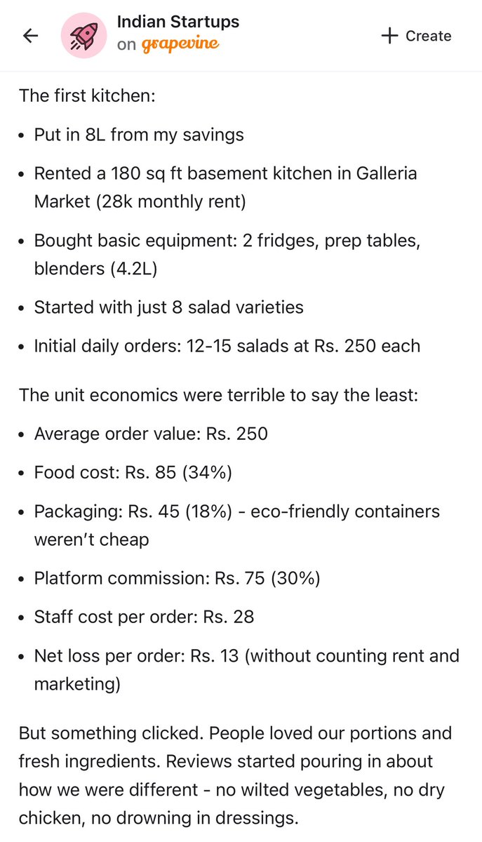OnTheGrapevine's tweet photo. “I’m writing this from our Bangalore central kitchen at 3 AM, looking at next month’s projections, and for the first time in 6 years I’m scared” 

A Food founder has shared their journey from a top job to starting their own Salad startup - the highs and lows https://t.co/7olj33b6nU