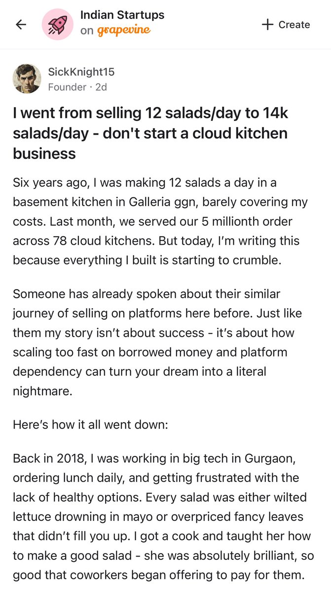 OnTheGrapevine's tweet photo. “I’m writing this from our Bangalore central kitchen at 3 AM, looking at next month’s projections, and for the first time in 6 years I’m scared” 

A Food founder has shared their journey from a top job to starting their own Salad startup - the highs and lows https://t.co/7olj33b6nU