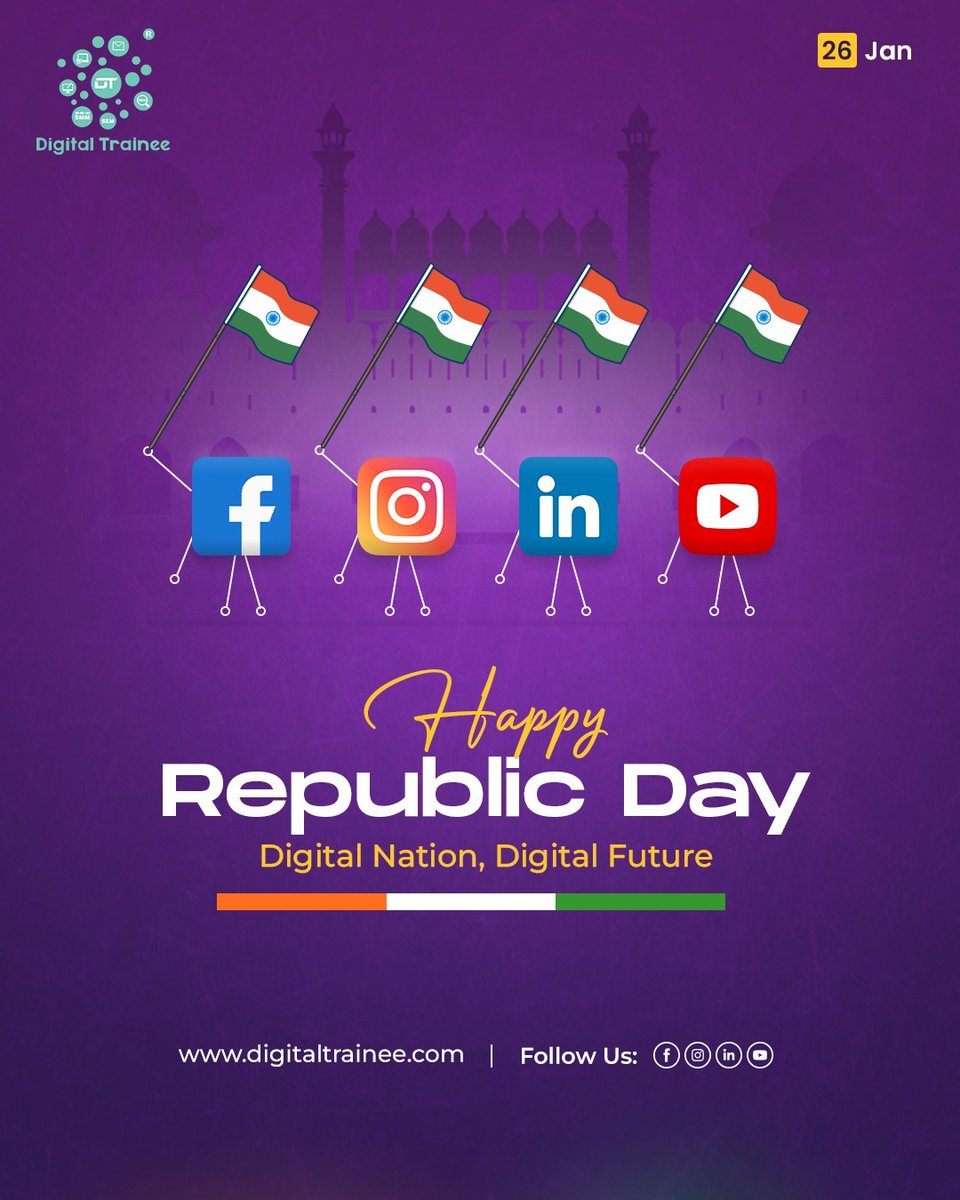 _Digitaltrainee's tweet photo. ✨ Happy Republic Day 2025! 🎉
Tag your friends to spread patriotism and digital vibes! ❤️📲
🌟 Jai Hind! 🙏
📍 Visit us at: https://t.co/RyDTJI0RUL
.
#republicday2025 #digitalindia #happyrepublicday #digitaltrainee #india #jaihind #respect #digitalvibes #viral #trending https://t.co/G9ST3UVEjX