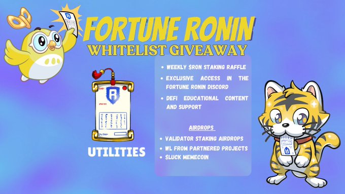 🚀 Fortune Ronin Whitelist Giveaway 🚀

🎉 Total 7 whitelist spots up for grabs!

How to join:
1️⃣ Follow <a href="/FortuneRonin/">Fortune Ronin</a>, <a href="/Dabudda17/">Dabudda | KIND</a>  &amp; <a href="/NOCTURxEPIDEMIC/">Noctur.eth ⛩️ | ETHGas ⛽</a>
2️⃣ RT &amp; Like this tweet ❤️🔄
3️⃣ Tag 3 friends in the comments 👥
4️⃣ Comment your Ronin wallet address below 🧧
 
🌟 Utilities: