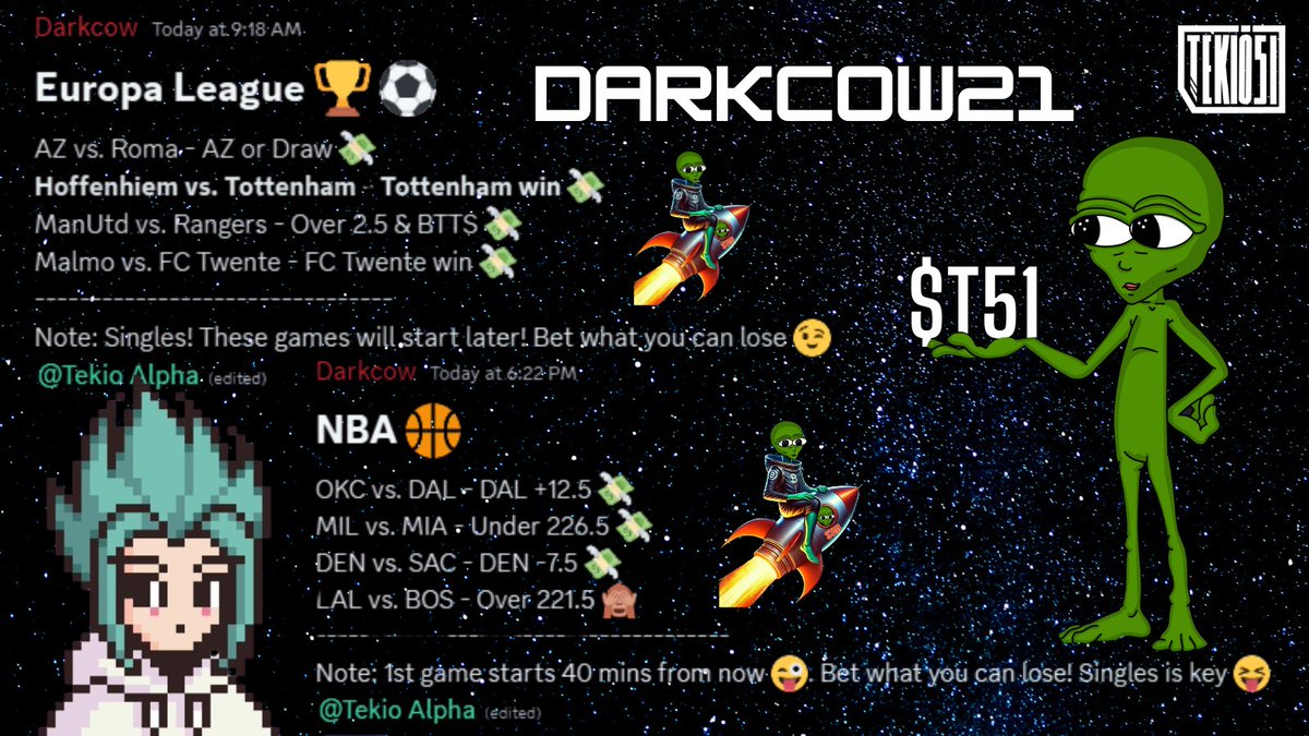 🚨👽 Big News for the Tekio51 Family &amp; @Solana Community! 🚨

We’ve got <a href="/Darkcow21/">Darkcow</a> in our Discord now, and he's been absolutely crushing it with some 🔥 sports bets! He’s got his own call channel and since January 21st, he’s been delivering some serious winners. 🏆

Just today,