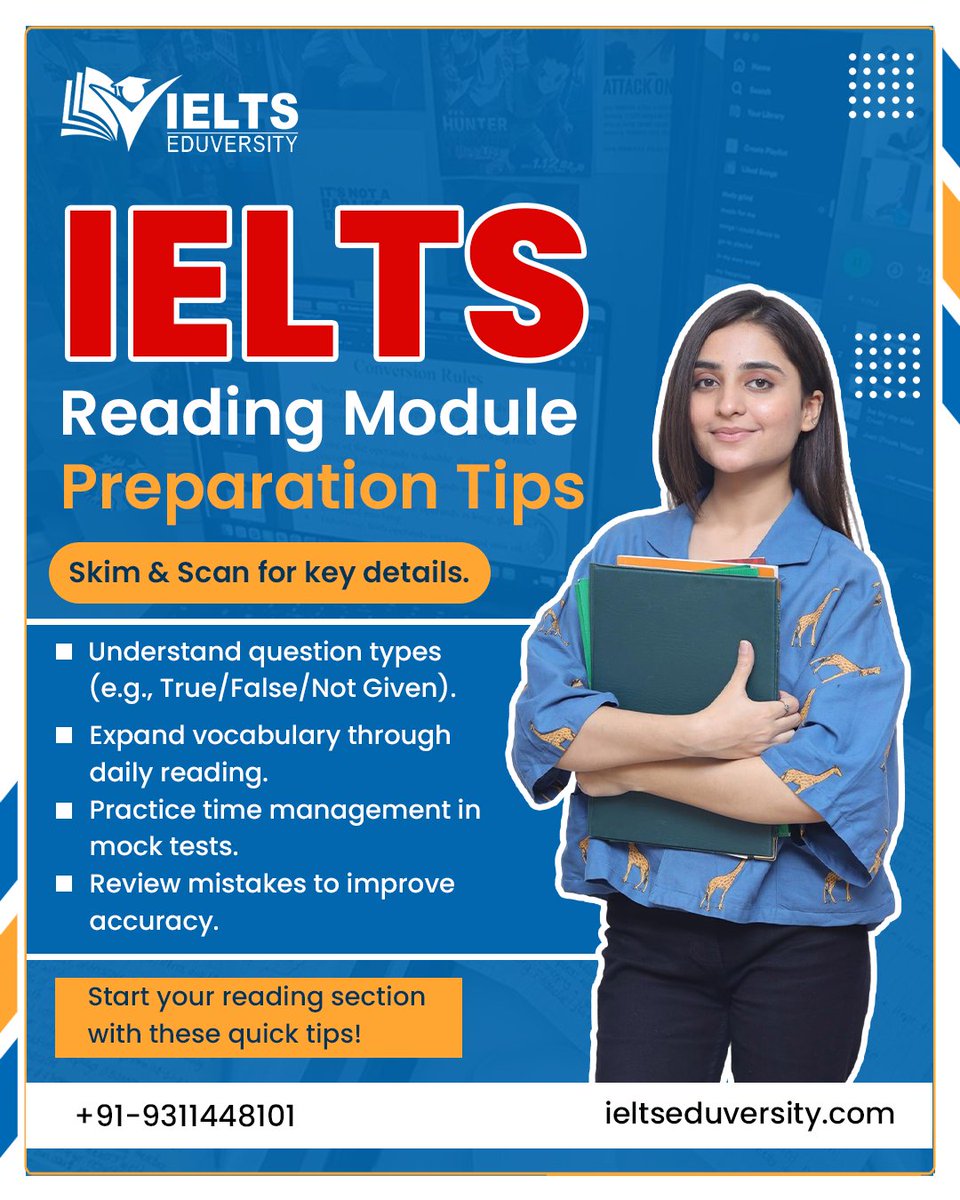 ieltseduversity's tweet photo. Start the IELTS Reading Module with smart skimming, time management, and daily practice!
.
.
.
.
.
.
#ielts #ieltspreparation #reading #readingtime #readingmodule #learnenglish #onlinelearning #online #delhi #noida https://t.co/SvmYQIE352