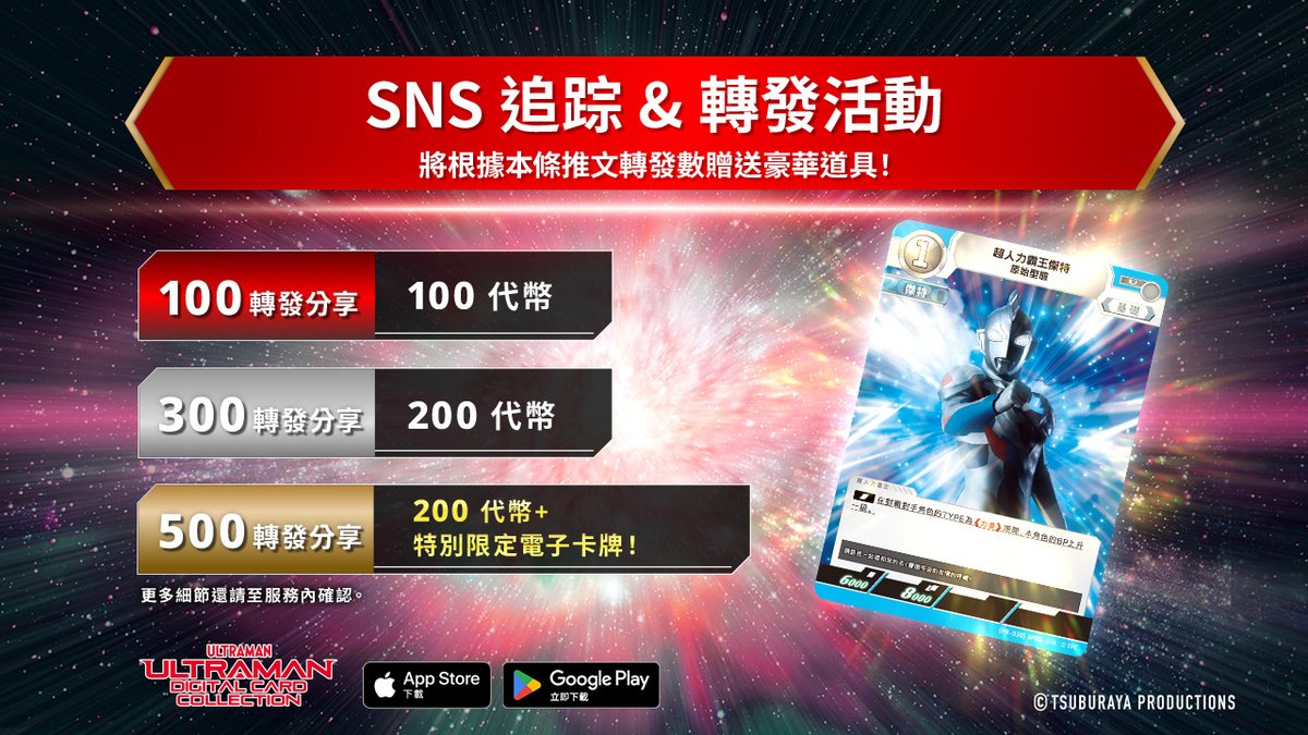 ◤#超人力霸王電子卡牌收藏◢

今天起開始轉發活動！
追踪我們的帳號並轉發本條推文，我們將根據轉發數贈送豪華道具！🎁
達到500轉發還能獲得特別限定電子卡牌！🤩

⏰活動至1/31(五)截止

大家一定要來參加哦！！

#超人力霸王卡牌遊戲　#超人卡電子收藏