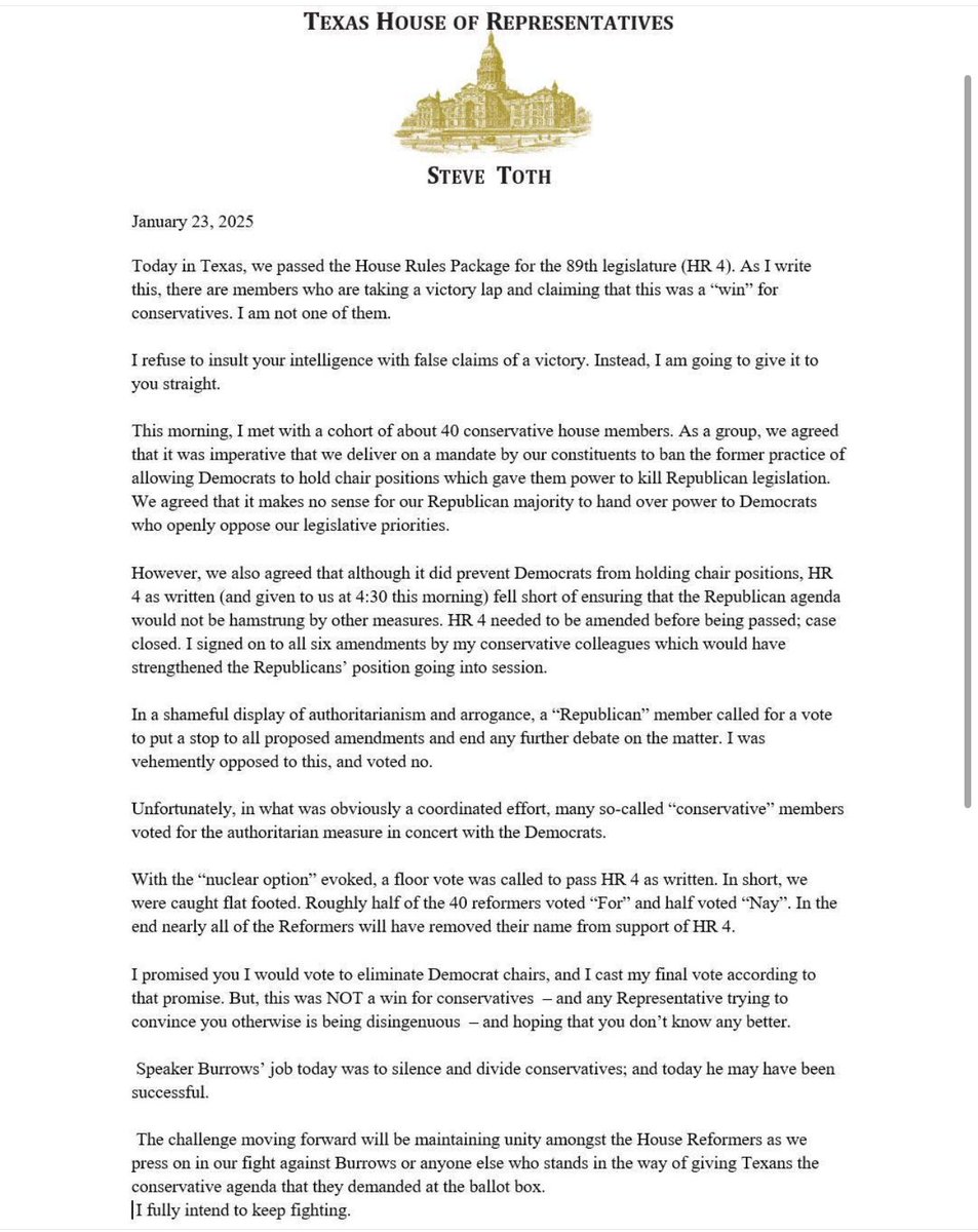 SteveTothTX's tweet photo. Today was not the conservative “win” that some want you to believe
This was a total and complete failure
Let’s be real

Do Conservative wins typically end with laughter and elation by Democrats?
No, no they don’t

@Burrows4TX worked with Democrats to mess over the Republicans of Texas