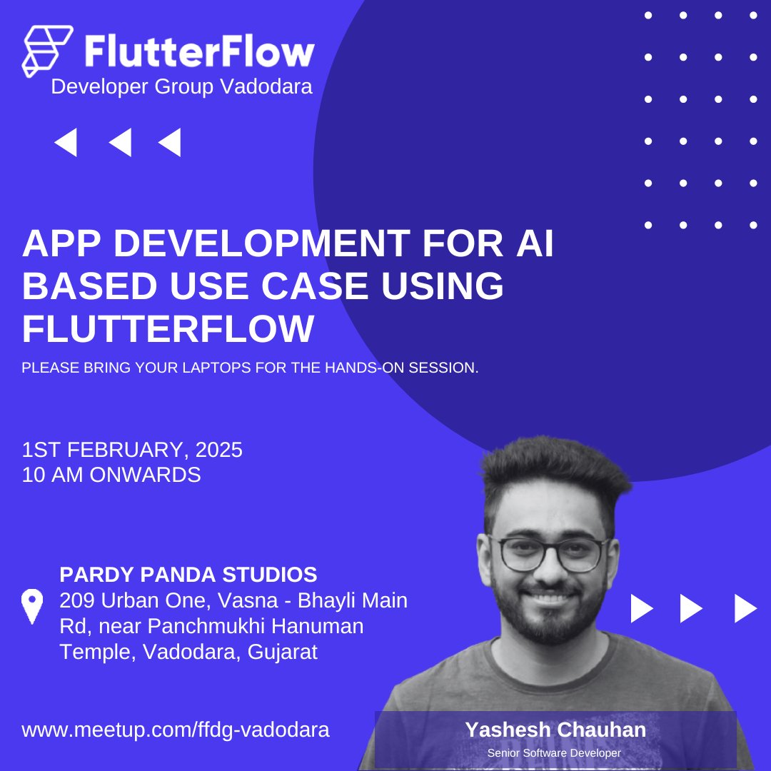 🚀 Dive into the world of AI apps with FlutterFlow!
📅 1st Feb 2025 | 📍 Pardy Panda Studios
Join our hands-on session on "App Development for AI-Based Use Case."
💻 Bring your laptops &amp; learn practical skills. Limited seats—register now: meetup.com/ffdg-vadodara
#FlutterFlow