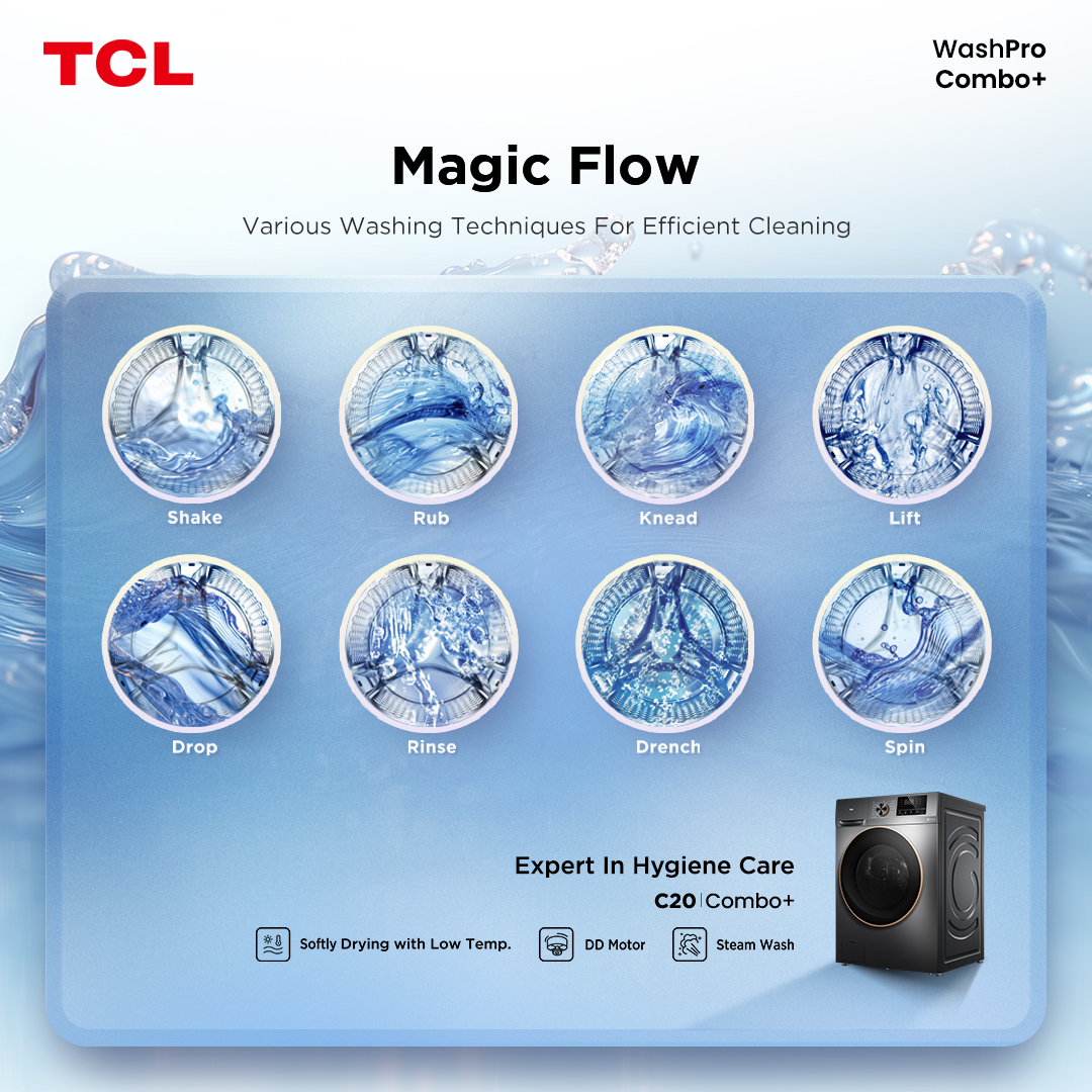 TCLPH's tweet photo. Let Magic Flow do the hard work! TCL C20 washing machine uses multiple techniques to tackle tough stains while being gentle on fabrics. Clean clothes, the smarter way!

#TCLWashPro #TCLComboPlus #TCLInspireGreatness #TCLPhilippines https://t.co/LsgNOXy0pr