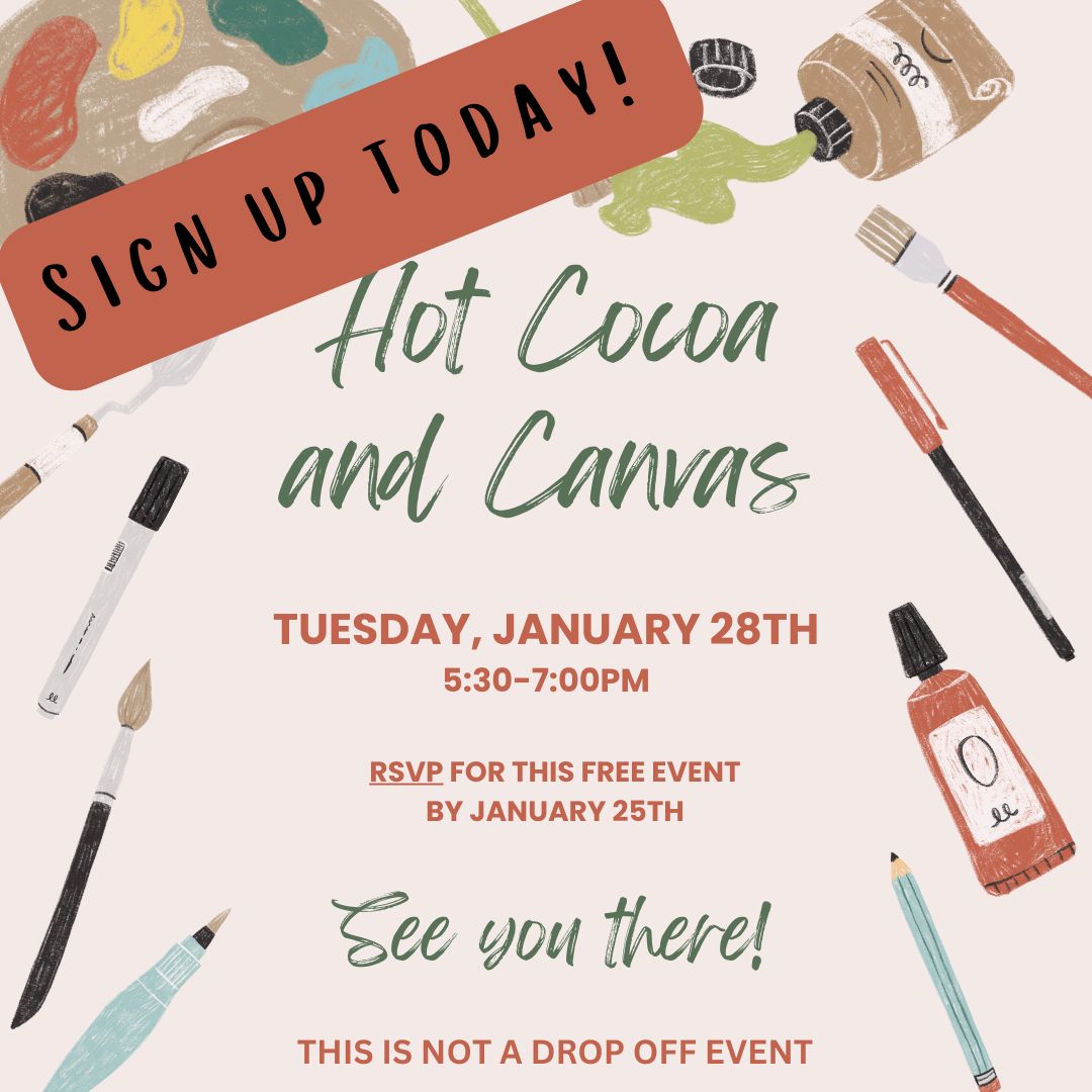 marvinbsmithpto's tweet photo. Don't forget to RSVP for Hot Cocoa and Canvas, happening next week on January 28th @ 5:30-7pm! Join us for a fun evening of painting led by the Smith art teacher, Ms. Feudale. It's FREE, and the whole family is welcome! 🧑‍🎨🎨🖼️ https://t.co/6ee9bCrpgH https://t.co/IPXAeSwc8J