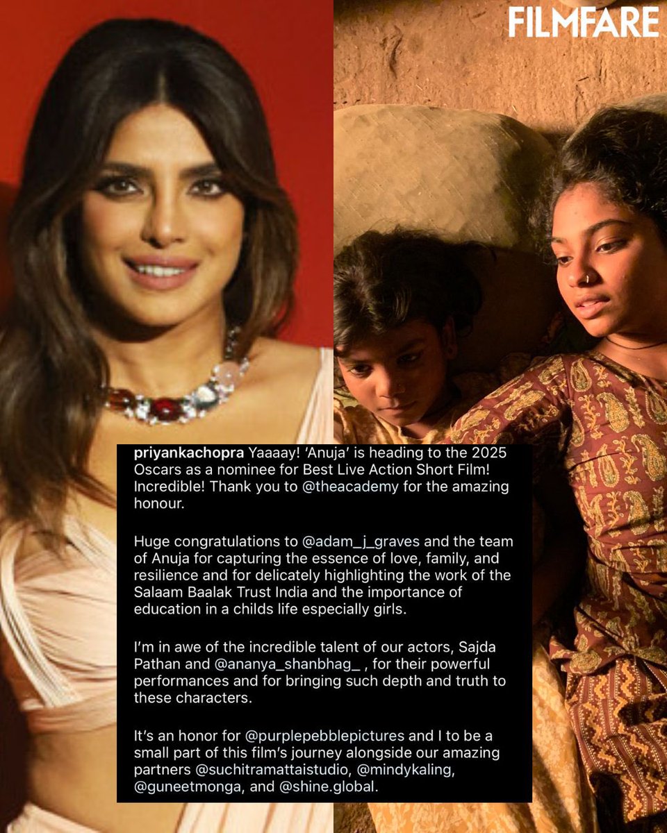 filmfare's tweet image. #PriyankaChopraJonas celebrates #Anuja’s Oscar nomination. ♥️

#Celebs
