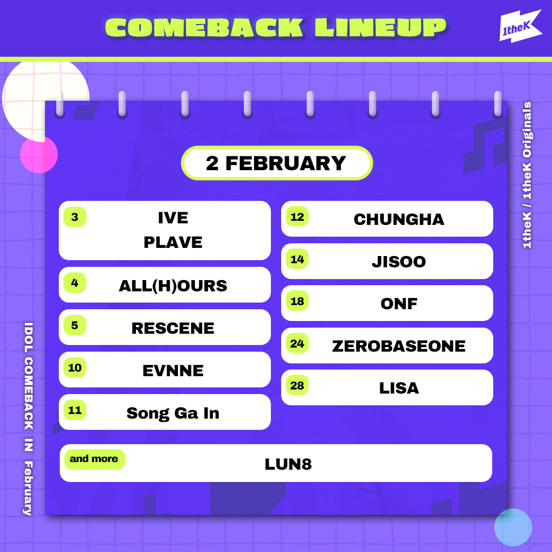 1theK's tweet photo. 💜2월 컴백 라인업💜
COMEBACK LINE-UP IN February💝
Which team do you most look forward to?😉 https://t.co/Ug7CQFO7sH