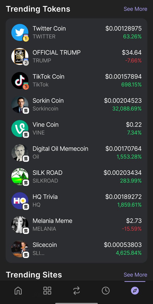 ✨ GM Fam 

Which coin do you think the best pick for the day ? 

1. Twitter Coin - $TWITTER
2. Official Trump - $TRUMP
3. TikTok Coin - $TIKTOK
4. Sorkin Coin - $SORKINCOIN
5. Vine Coin - $VINE
6. Digital Oil Memecoin - $OIL
7. Silk Road - $SILKROAD
8. HQ Trivia - $HQ
9. Melania