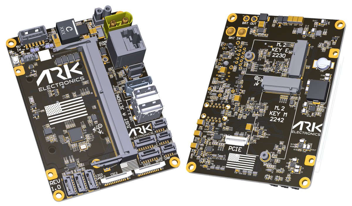The ARK Just A Jetson is ready to prototyping! Supporting the <a href="/NVIDIARobotics/">NVIDIA Robotics</a> Jetson Orin NX and Orin Nano. 

Some key features include:
- All vertical connectors
- Direct XT60 battery input up to 75V with an integrated power monitor
- 5V 8A regulator with plenty of power for the