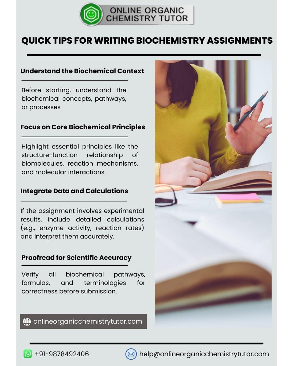 TutorOrganic's tweet image. 🌟 Quick Tips for Writing Biochemistry Assignments
📲 +91 9878492406
📩 help@onlineorganichemistrytutor.com
🌐 onlineorganicchemistrytutor.com
#clinicalbiochemistry #bscbiochemistry #biochemistryassignmenthelp #biochem #biochemistrytutoring #infographic #quicktips #chemistrytips