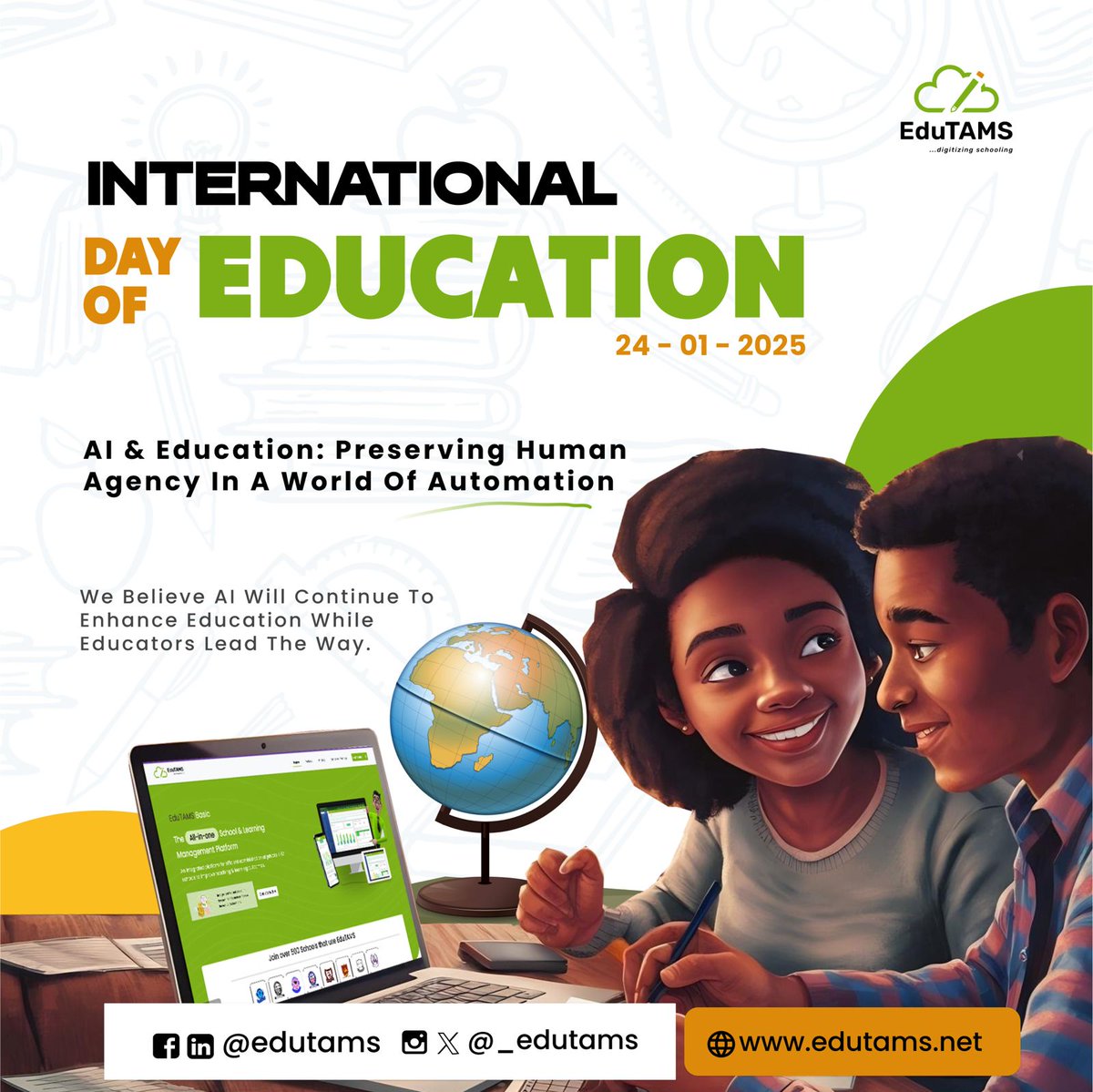 𝗖𝗲𝗹𝗲𝗯𝗿𝗮𝘁𝗶𝗻𝗴 𝘁𝗵𝗲 𝗜𝗻𝘁𝗲𝗿𝗻𝗮𝘁𝗶𝗼𝗻𝗮𝗹 𝗗𝗮𝘆 𝗼𝗳 𝗘𝗱𝘂𝗰𝗮𝘁𝗶𝗼𝗻 𝘄𝗶𝘁𝗵 𝗘𝗱𝘂𝗧𝗔𝗠𝗦

On January 24, 2025, we reaffirm our commitment to empowering educators with AI-driven tools that enhance human expertise.

#EduTAMS #InternationalDayOfEducation