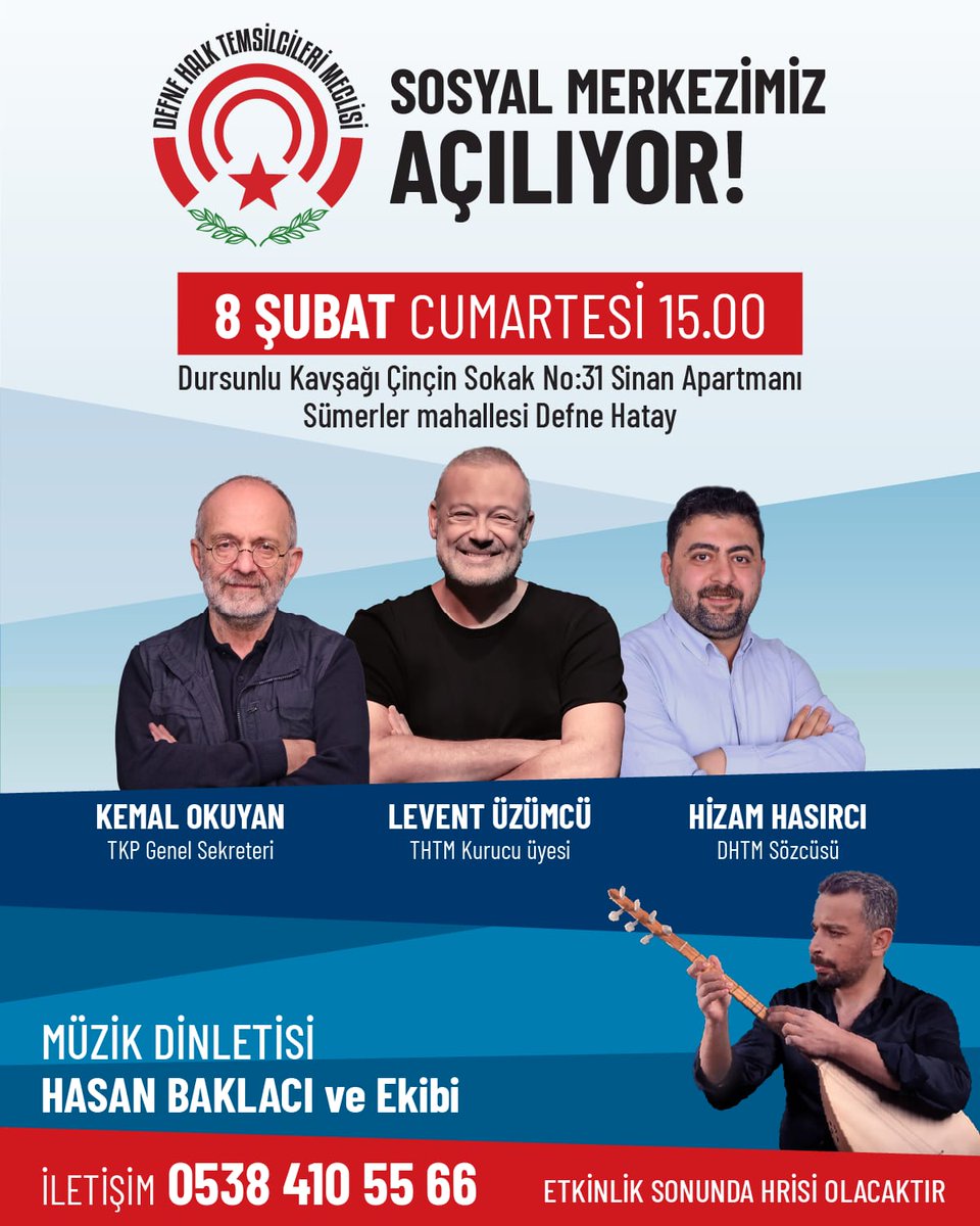 Defne Halk Temsilcileri Meclisi Sosyal Merkezi  açılıyor.
Ücretsiz çalisma salonları, sınırsız internet ve bilgisayar salonu, matematik, ingilizce, kültürümüzün anlatılacağı kültür dersleri, enstrüman kurslarının olacağı sosyal merkezimizin açılışına bütün halkımız davetlidir.