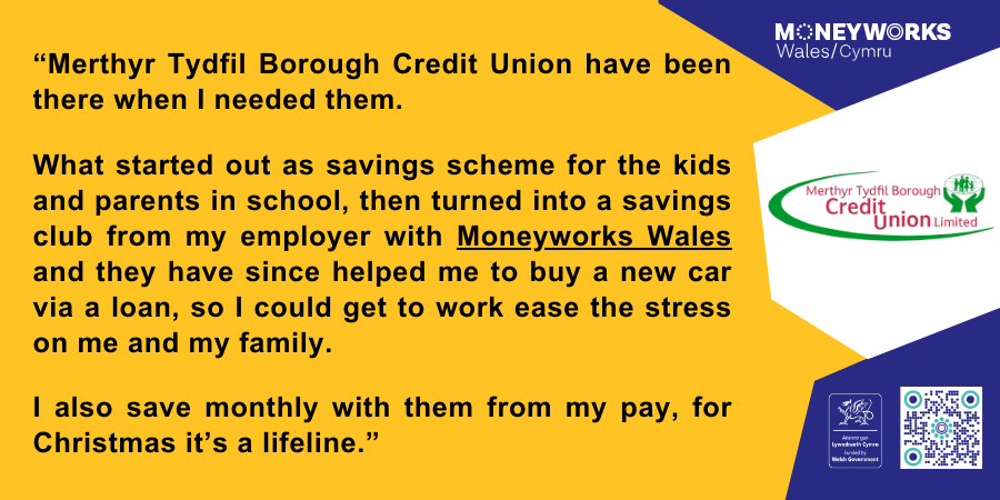 MoneyworksWales's tweet photo. Great quote of a member from Merthyr Tydfil Borough CreditUnion 😊

You can be part of it too😎

To learn more about it visit https://t.co/6iffIN1MAW

#Moneyworks #Wales #CreditUnion #Mentalhealth #Wellbeing #Finance #GoodCreditVsBadCredit #WorkplaceWellbeing #FinancialWellbeing https://t.co/RdY8YEq0xj