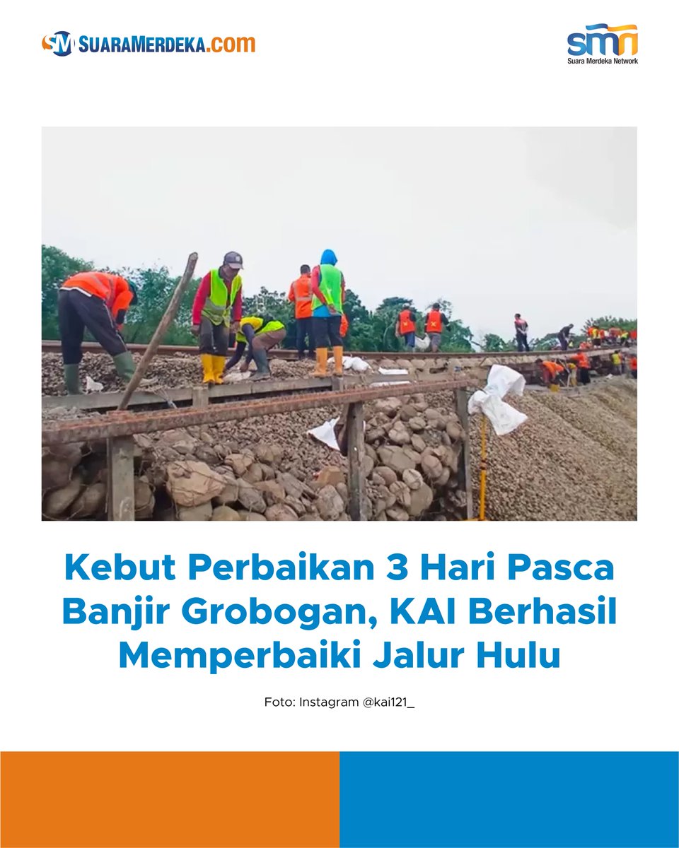 suaramerdeka's tweet photo. Peristiwa banjir di Kabupaten Grobogan sempat membatalkan 2 perjalanan Kereta Api, kini sudah diperbaiki dan dapat dilalui.
https://t.co/Sqxl2Uz5zX
#suaramerdeka #suaramerdekacom #promedia #perbaikan #relkeretaapi #keretaapi #banjirgrobogan #kai #grobogan https://t.co/2WFLPSSVG7